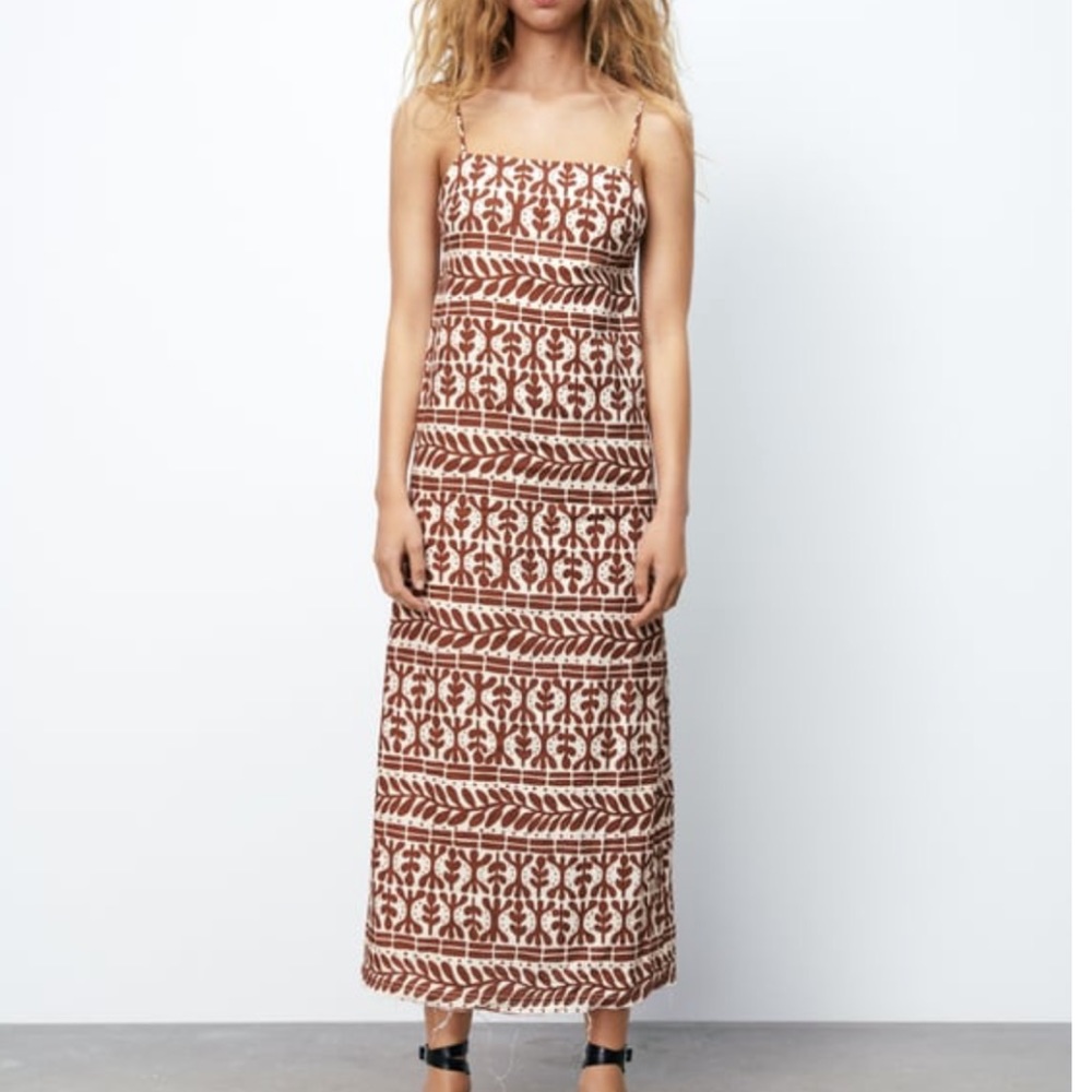 Zara brown ecru linen dress